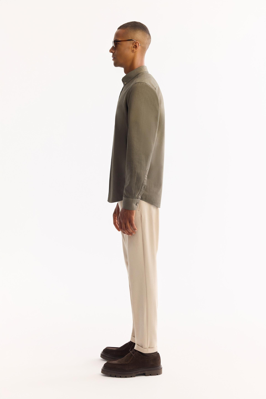 Koyu Haki Düğmeli Yaka Diagonel Regular Fit Gömlek