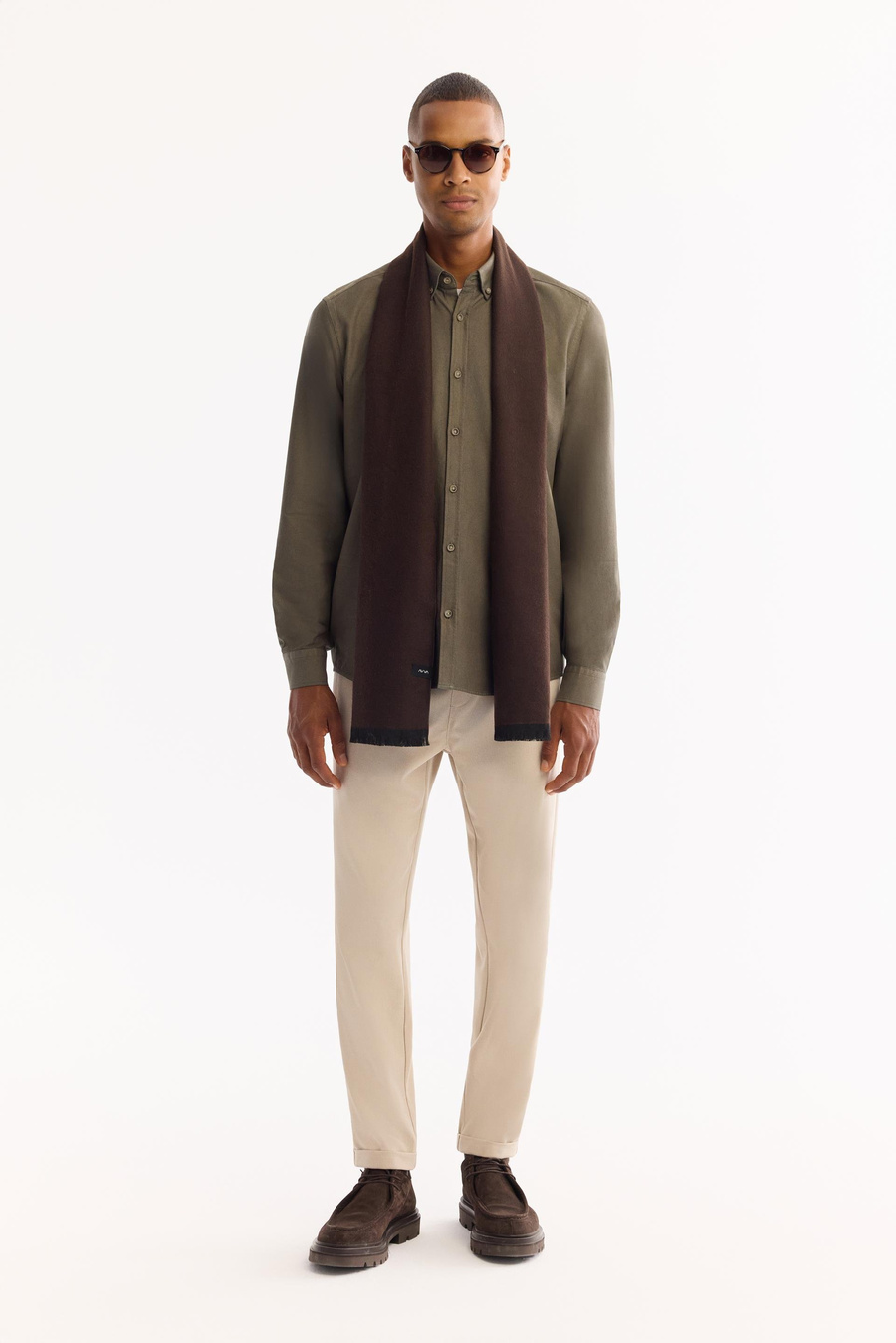 Koyu Haki Düğmeli Yaka Diagonel Regular Fit Gömlek