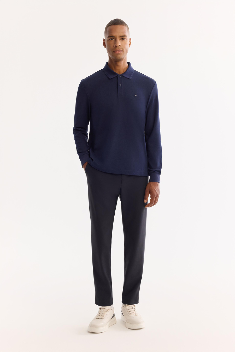 Lacivert 2 Düğmeli Pamuklu Polo Yaka Basic Sweatshirt