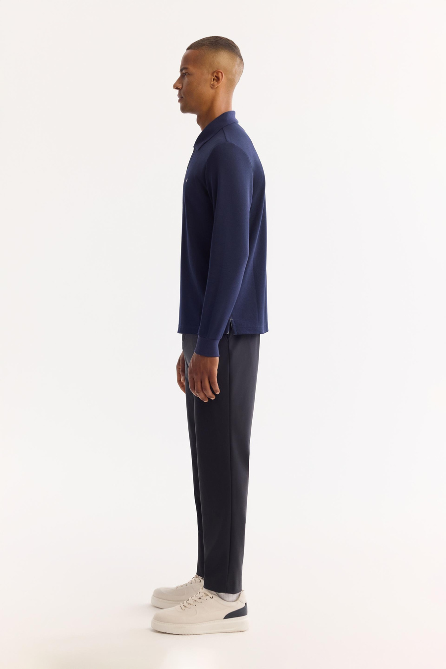 Lacivert 2 Düğmeli Pamuklu Polo Yaka Basic Sweatshirt