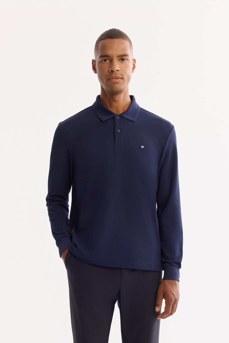 Lacivert 2 Düğmeli Pamuklu Polo Yaka Basic Sweatshirt