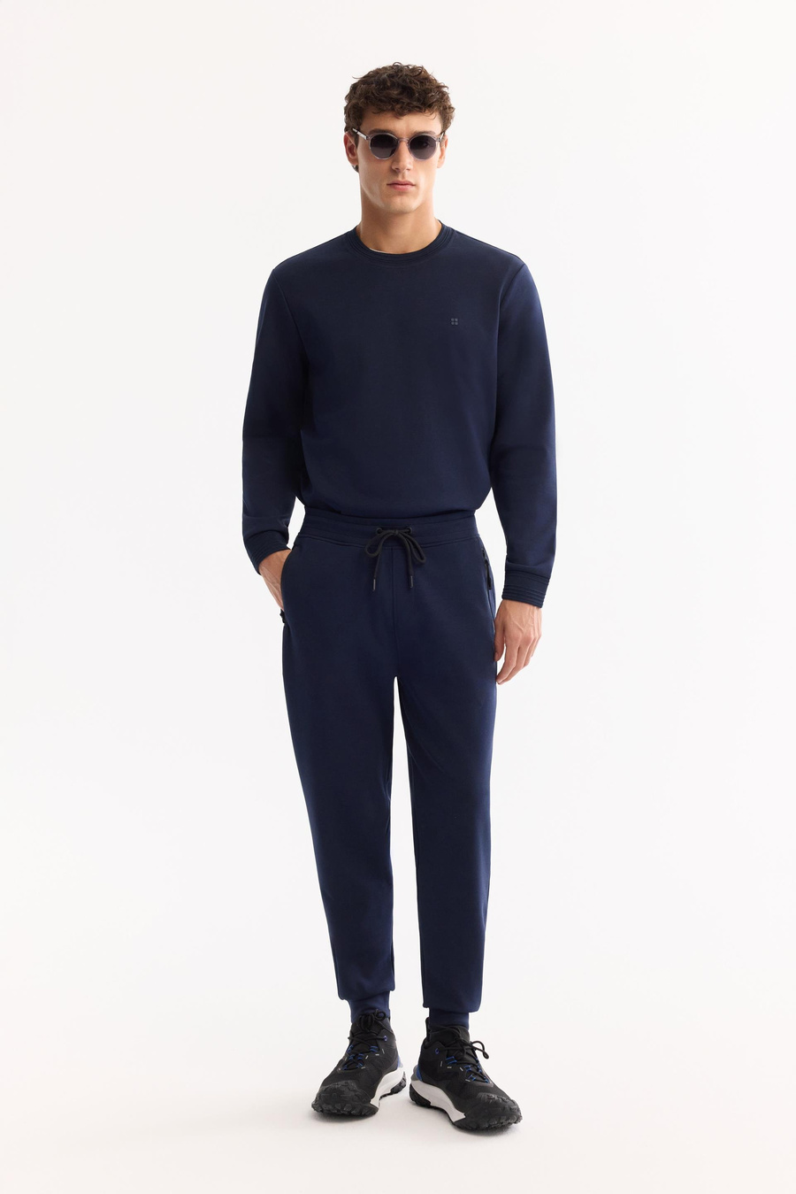 Lacivert Beli Lastikli Bağcıklı Bi-Stretch İnterlok Eşofman Altı