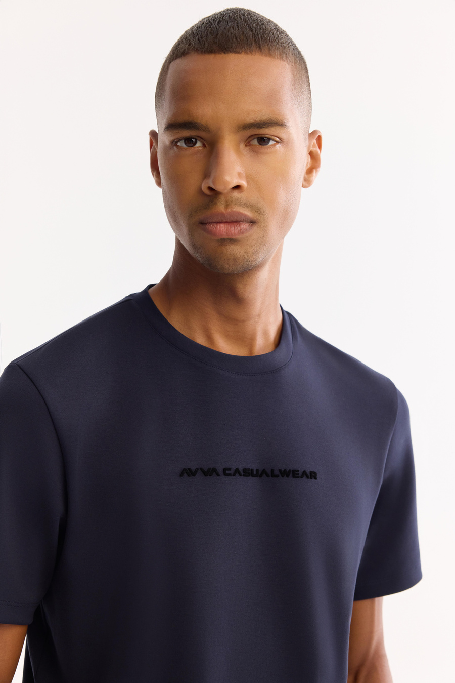 Lacivert Bisiklet Yaka Gofre Baskılı İnterlok T-Shirt