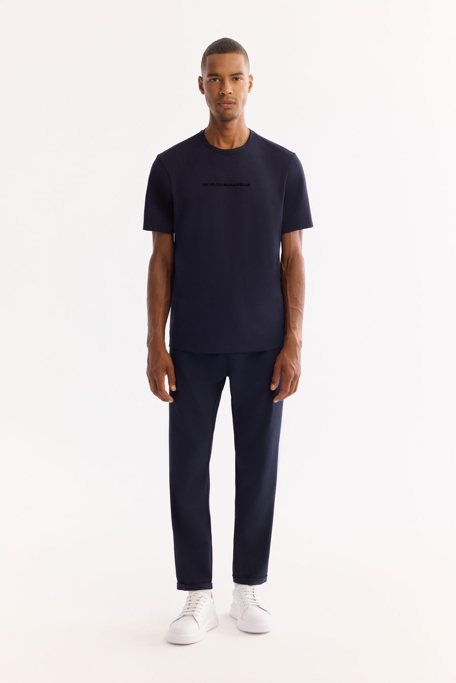 Lacivert Bisiklet Yaka Gofre Baskılı İnterlok T-Shirt