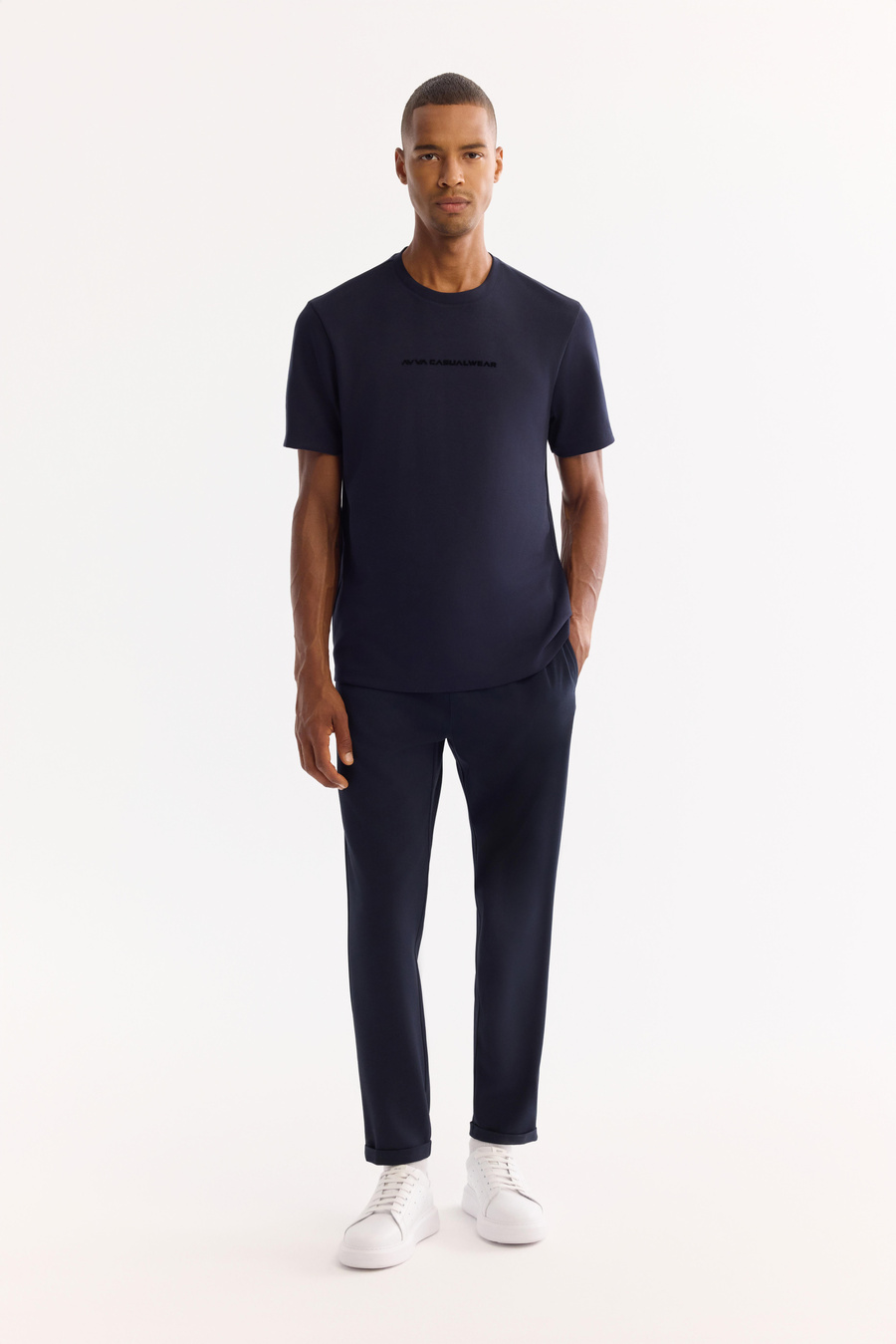 Lacivert Bisiklet Yaka Gofre Baskılı İnterlok T-Shirt