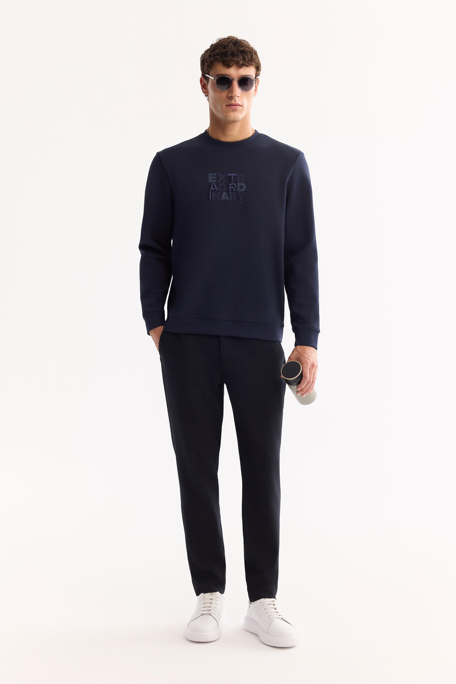 Lacivert Bisiklet Yaka Fileksi Baskılı Nakış   İnterlok Sweatshirt