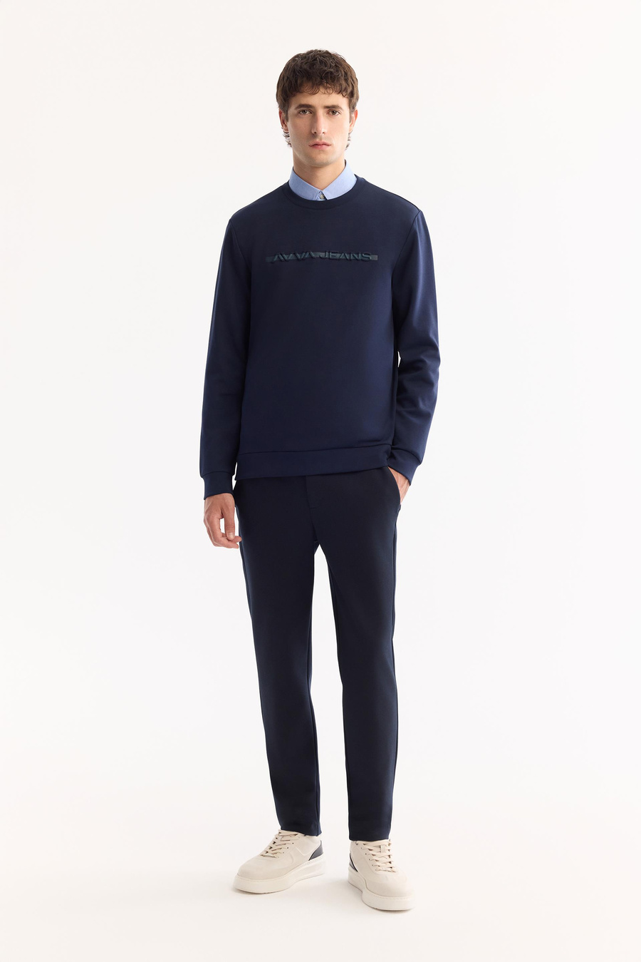 Lacivert Bisiklet Yaka Gofre  Baskılı İnterlok Sweatshirt