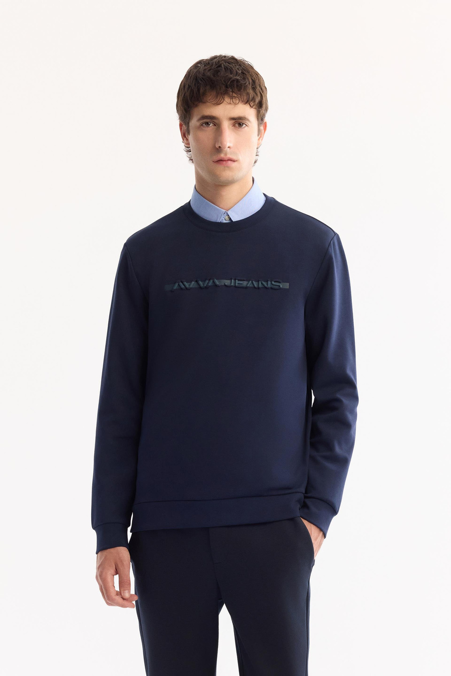 Lacivert Bisiklet Yaka Gofre  Baskılı İnterlok Sweatshirt