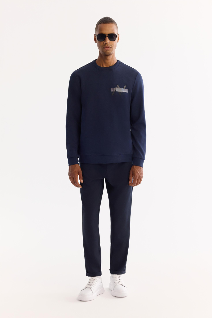 Lacivert Bisiklet Yaka Göğsü Hologram Baskı  İnterlok Sweatshirt