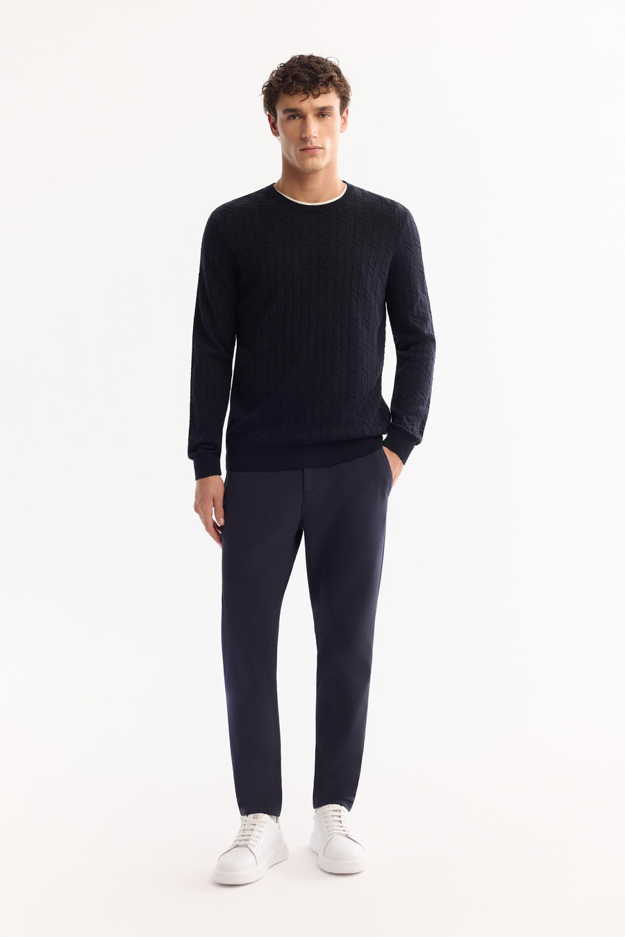 Lacivert Bisiklet Yaka Jakarlı Kazak