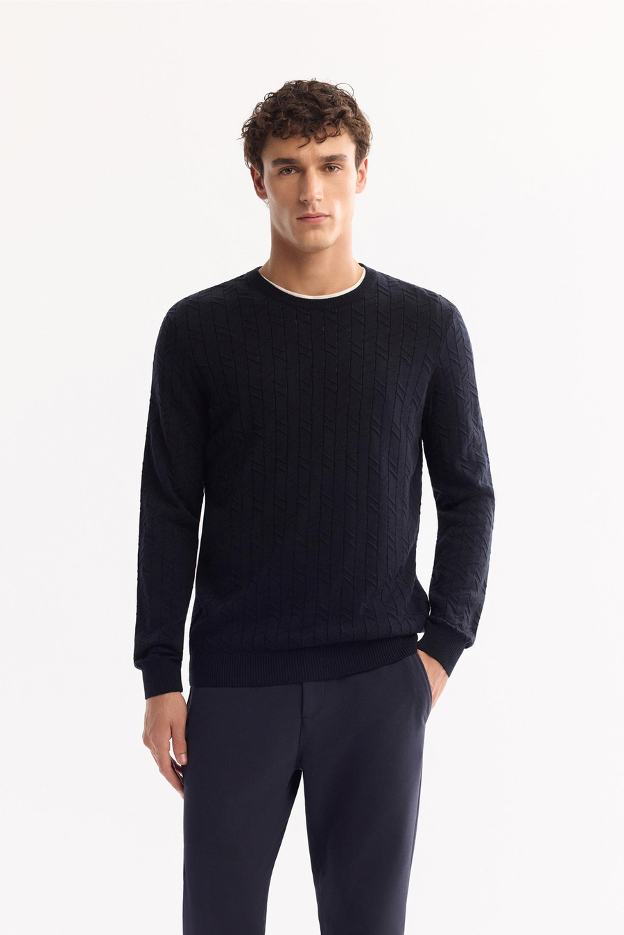 Lacivert Bisiklet Yaka Jakarlı Kazak