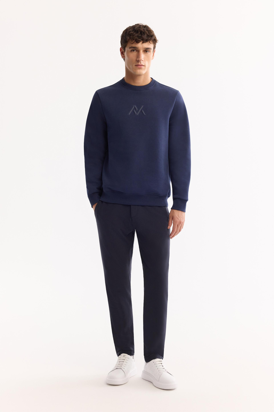 Lacivert Bisiklet Yaka Piramit Baskılı 3 İplik Şardonlu Sweatshirt