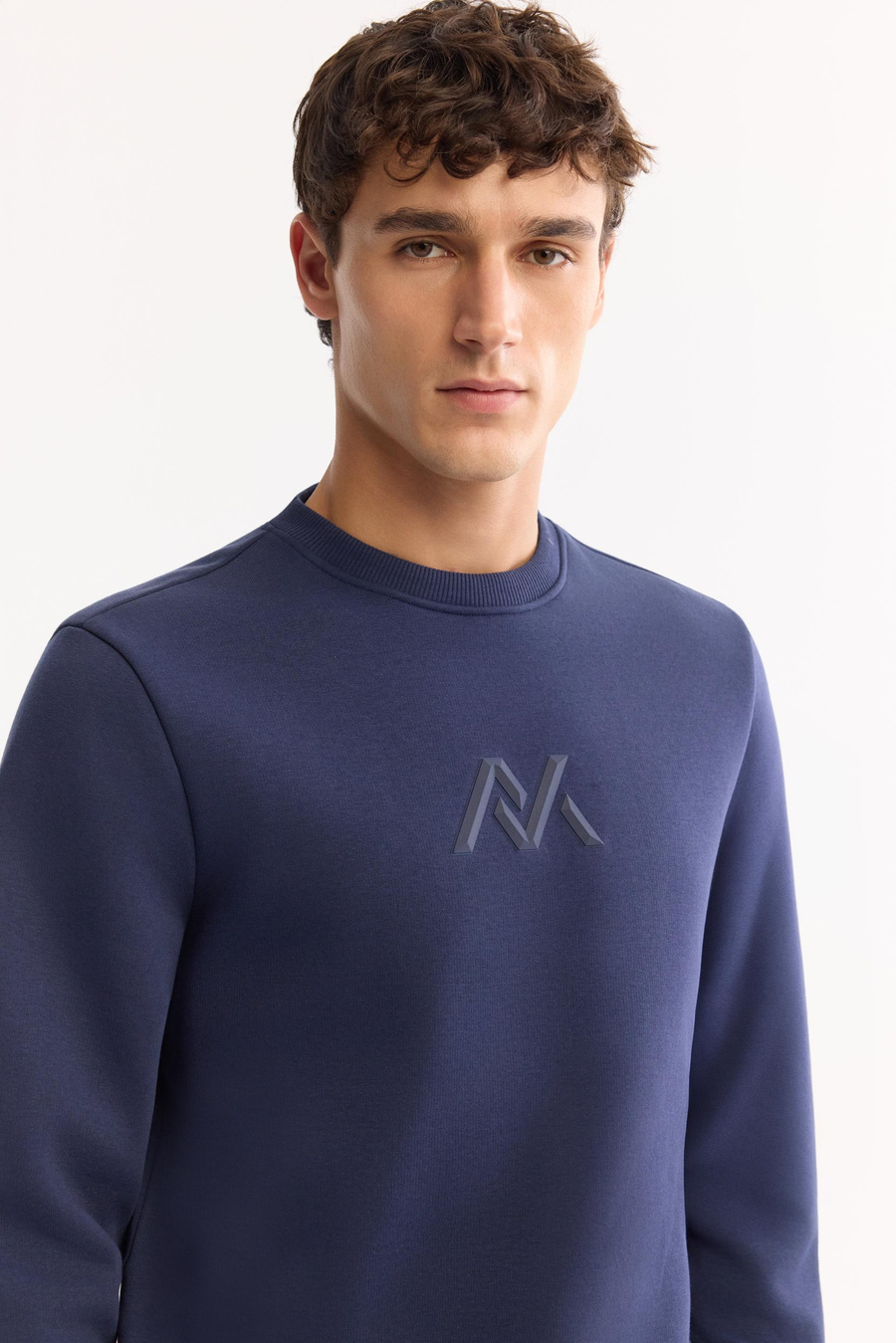 Lacivert Bisiklet Yaka Piramit Baskılı 3 İplik Şardonlu Sweatshirt