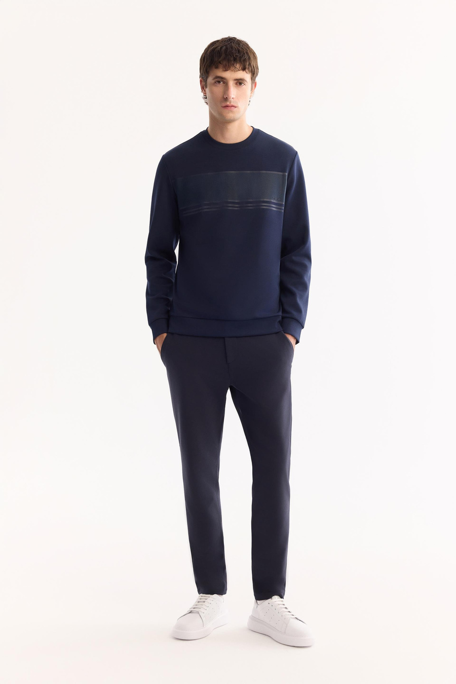 Lacivert Bisiklet Yaka Silikon  Baskılı İnterlok Sweatshirt