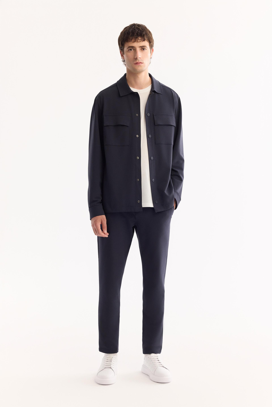 Lacivert Çift Cep Kapaklı Çıtçıtlı Comfort Fit Teknik Gömlek Ceket