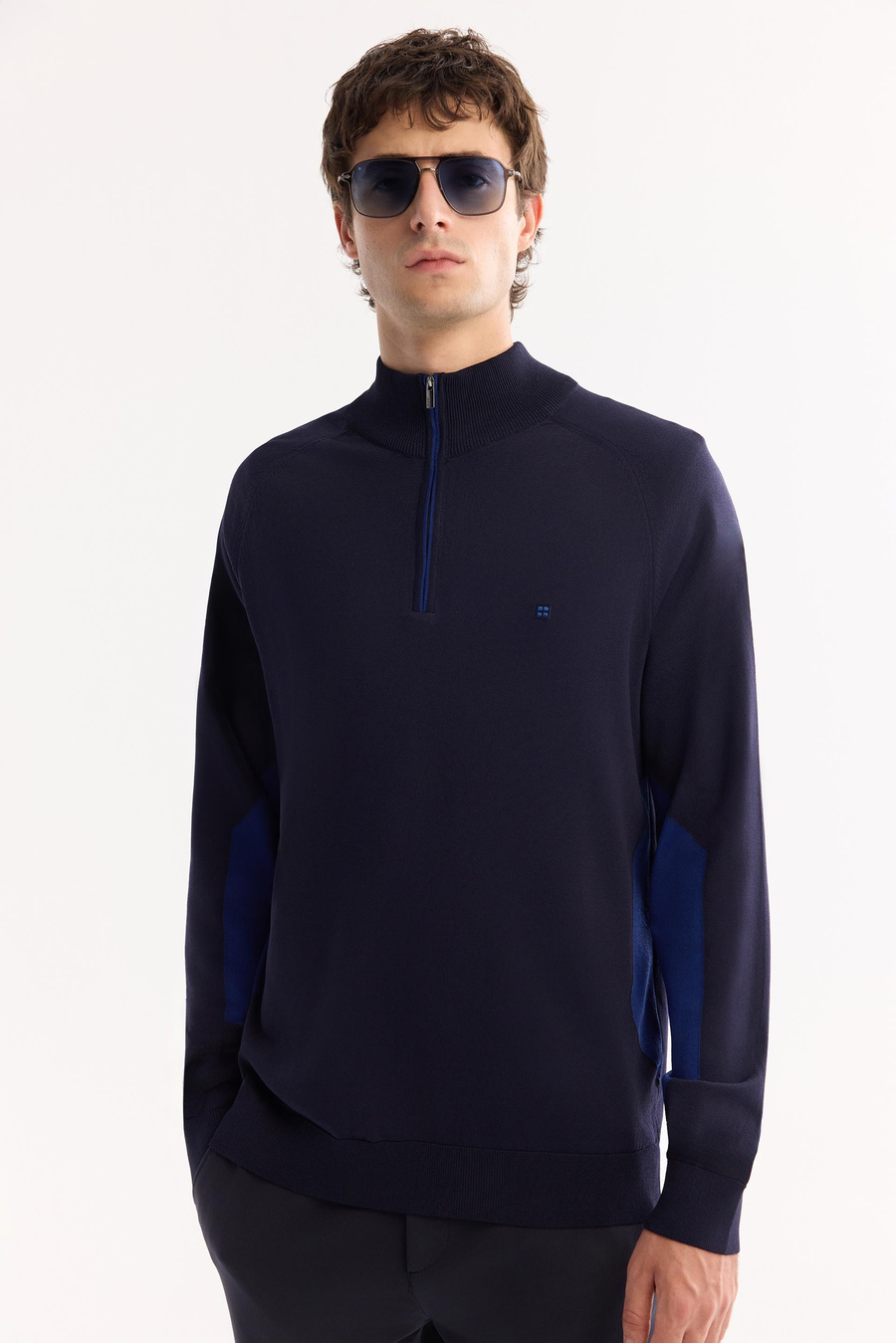 Lacivert Dik Yaka Fermuarlı Blok Renkli Rayon Kazak