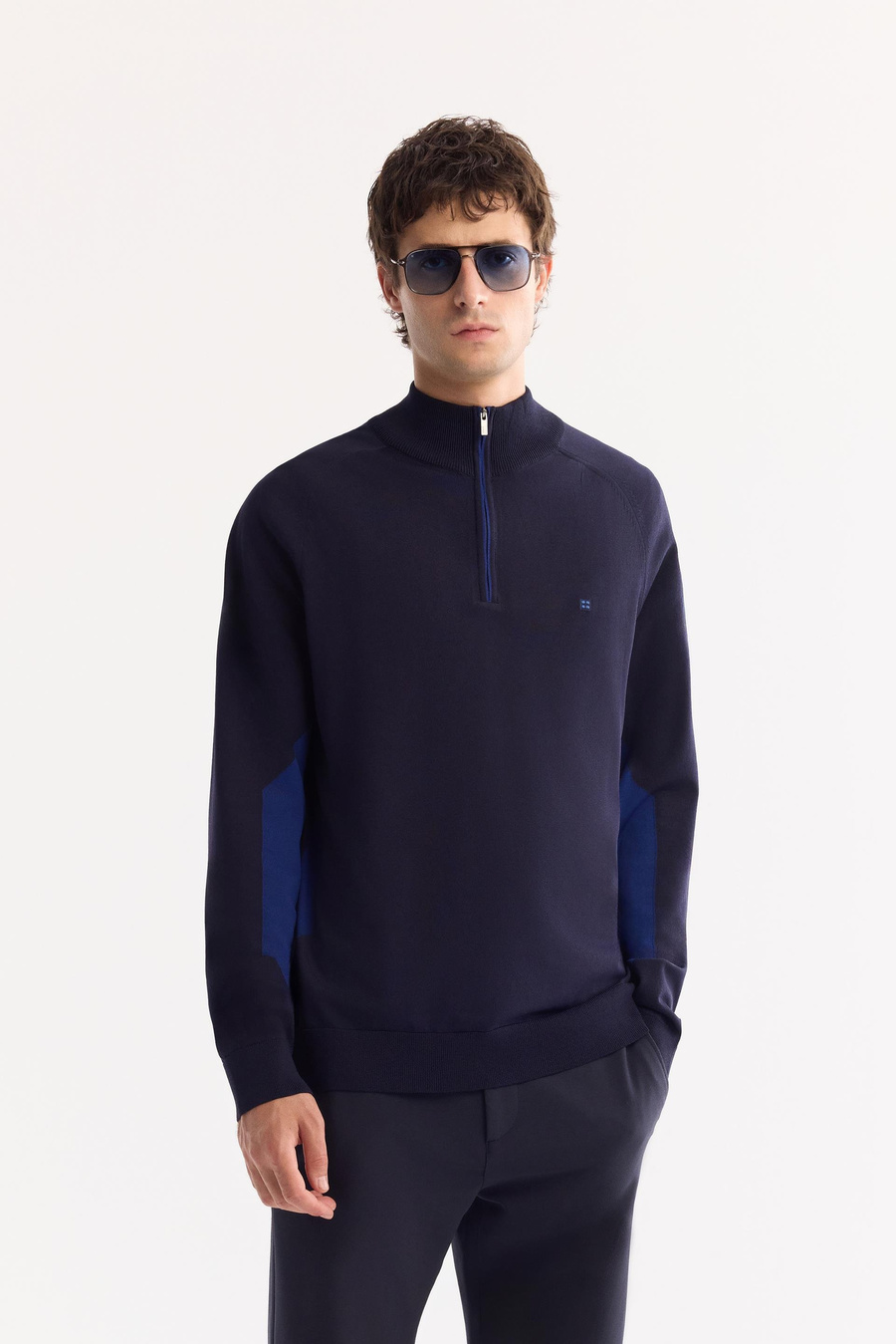 Lacivert Dik Yaka Fermuarlı Blok Renkli Rayon Kazak