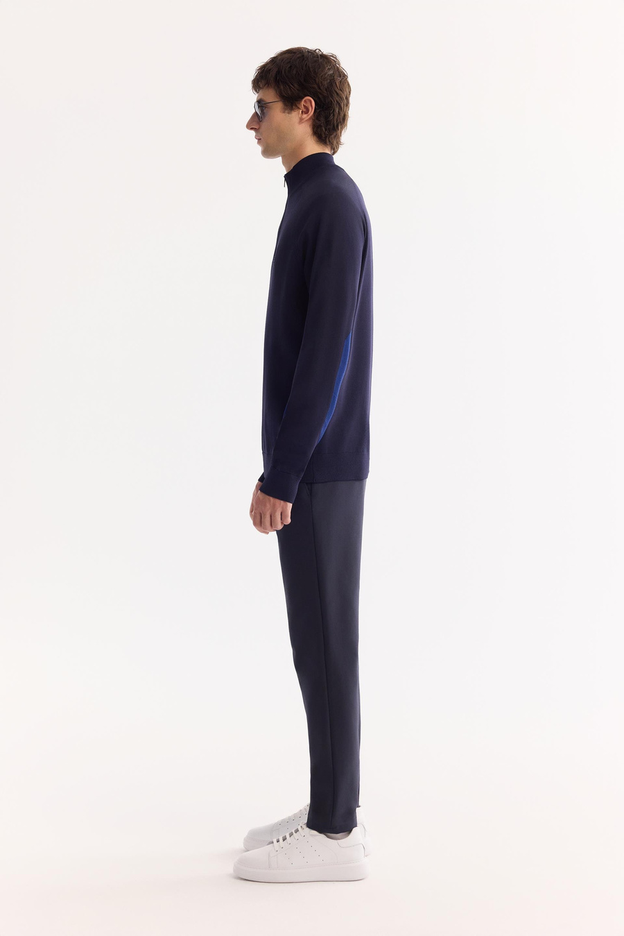 Lacivert Dik Yaka Fermuarlı Blok Renkli Rayon Kazak