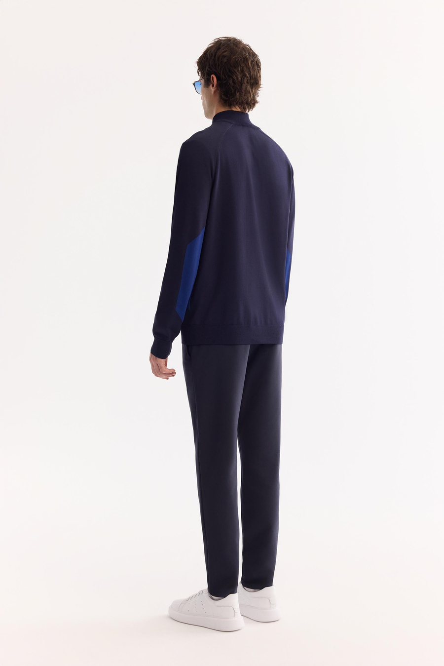 Lacivert Dik Yaka Fermuarlı Blok Renkli Rayon Kazak