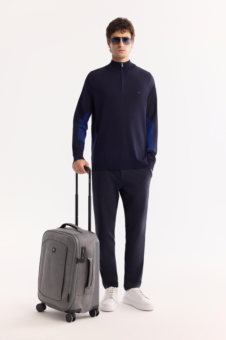 Lacivert Dik Yaka Fermuarlı Blok Renkli Rayon Kazak