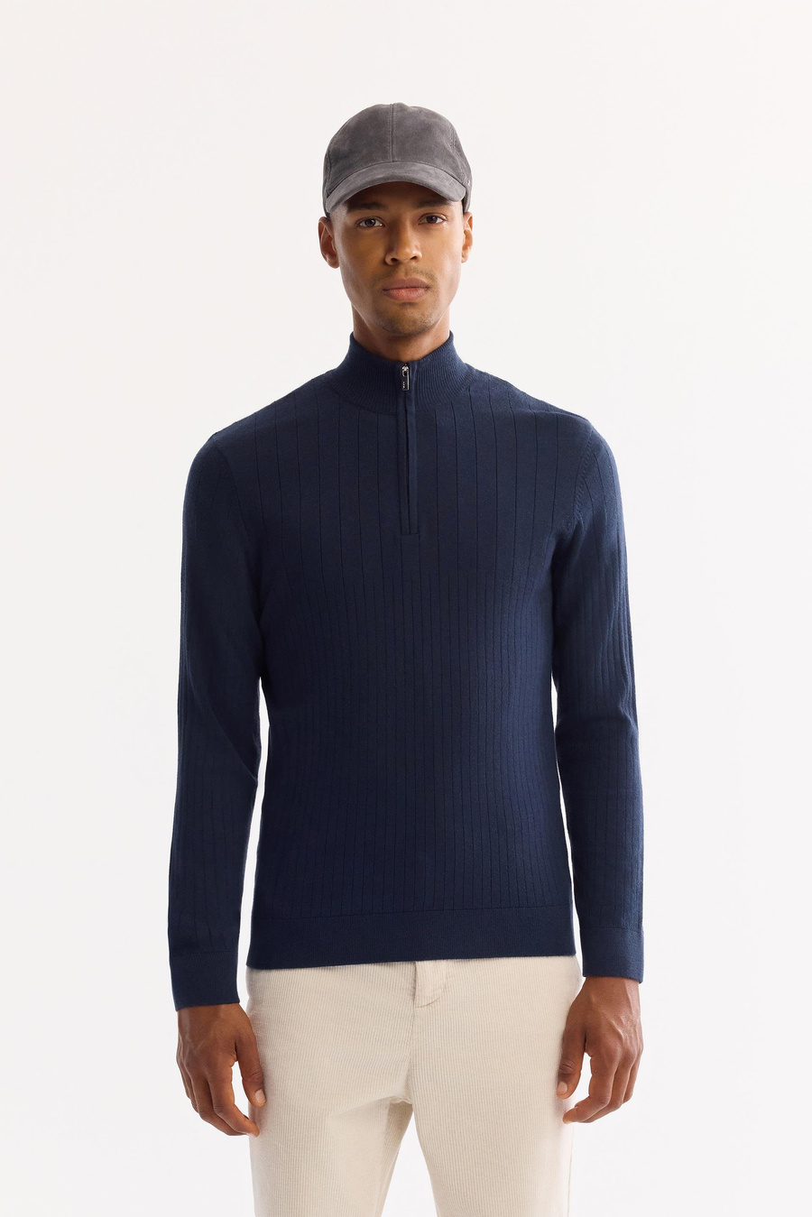 Lacivert Dik Yaka Fermuarlı Dikey Çizgi Desenli Soft Touch Kazak