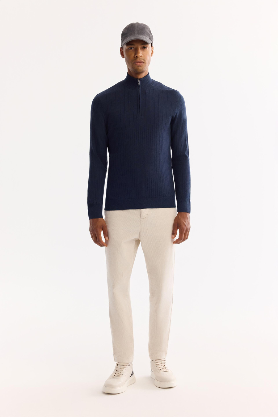 Lacivert Dik Yaka Fermuarlı Dikey Çizgi Desenli Soft Touch Kazak