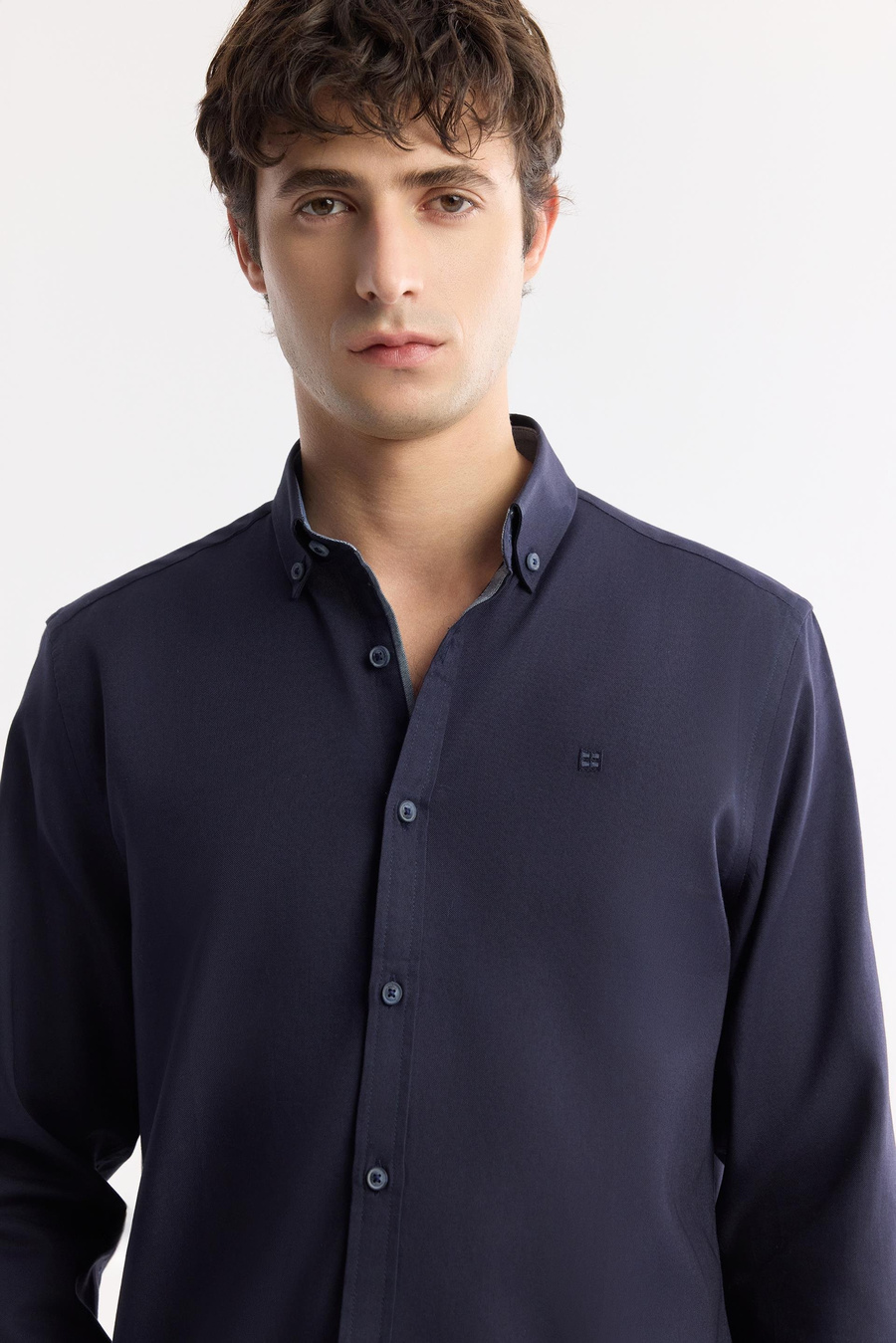 Lacivert Düğmeli Yaka %100 Pamuk Oxford Gömlek