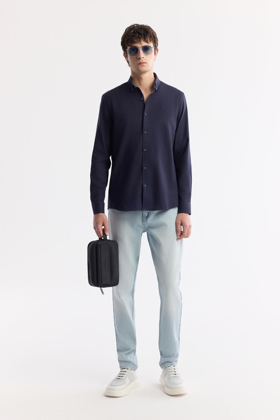 Lacivert Düğmeli Yaka %100 Pamuk Oxford Gömlek