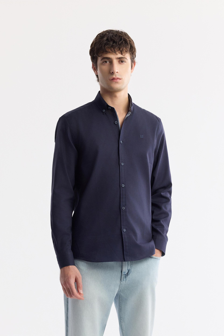 Lacivert Düğmeli Yaka %100 Pamuk Oxford Gömlek