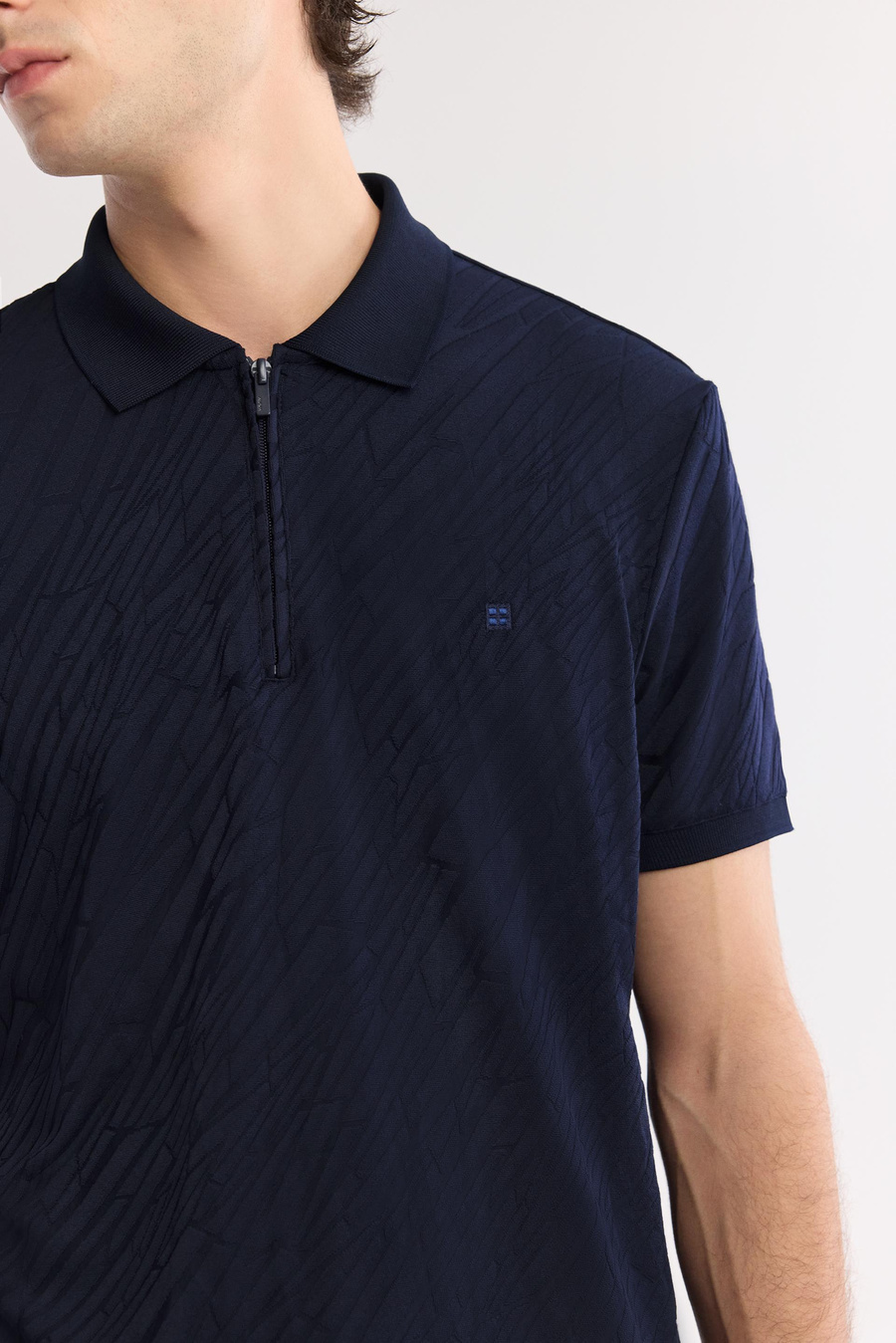 Lacivert Fermuarlı Polo Yaka Jakarlı T-Shirt