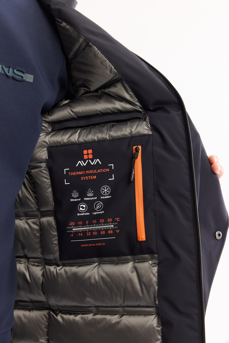 Lacivert Kapüşonlu Ördek Tüyü Karışımlı Mont