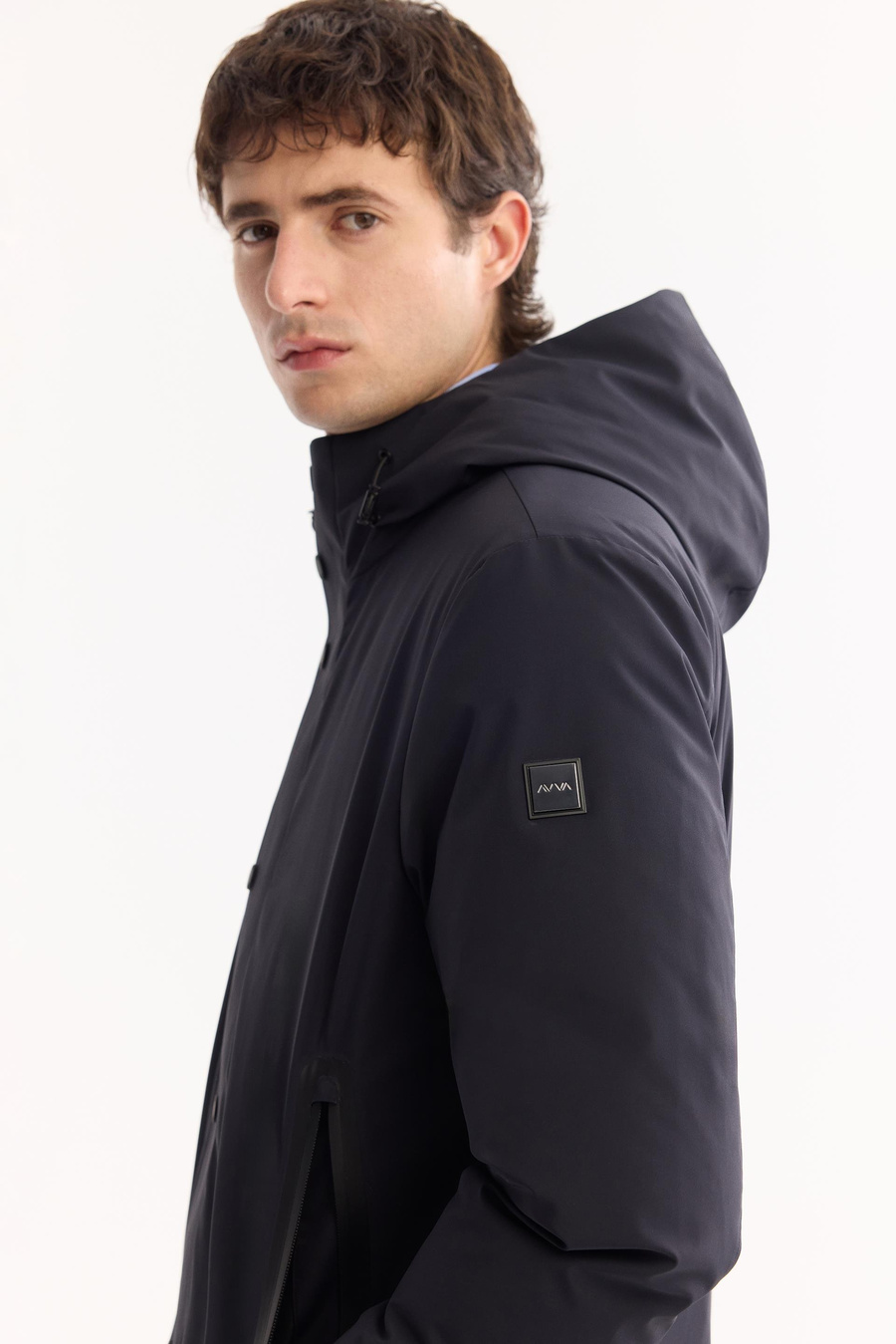 Lacivert Kapüşonlu Ördek Tüyü Karışımlı Mont