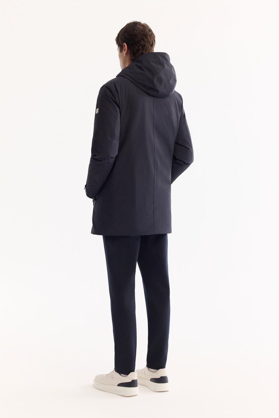 Lacivert Kapüşonlu Ördek Tüyü Karışımlı Mont