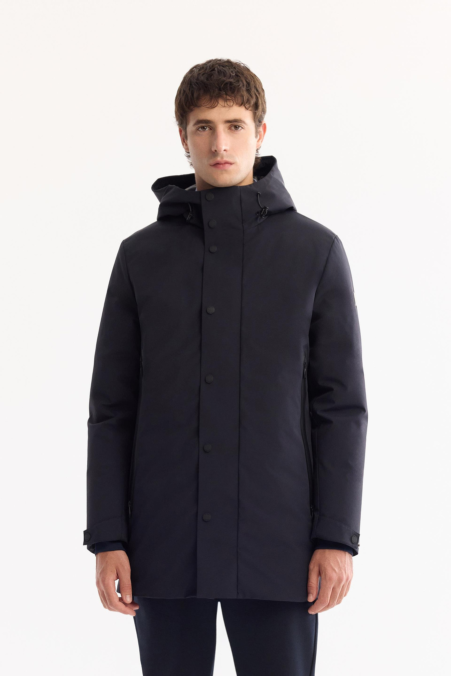 Lacivert Kapüşonlu Ördek Tüyü Karışımlı Mont