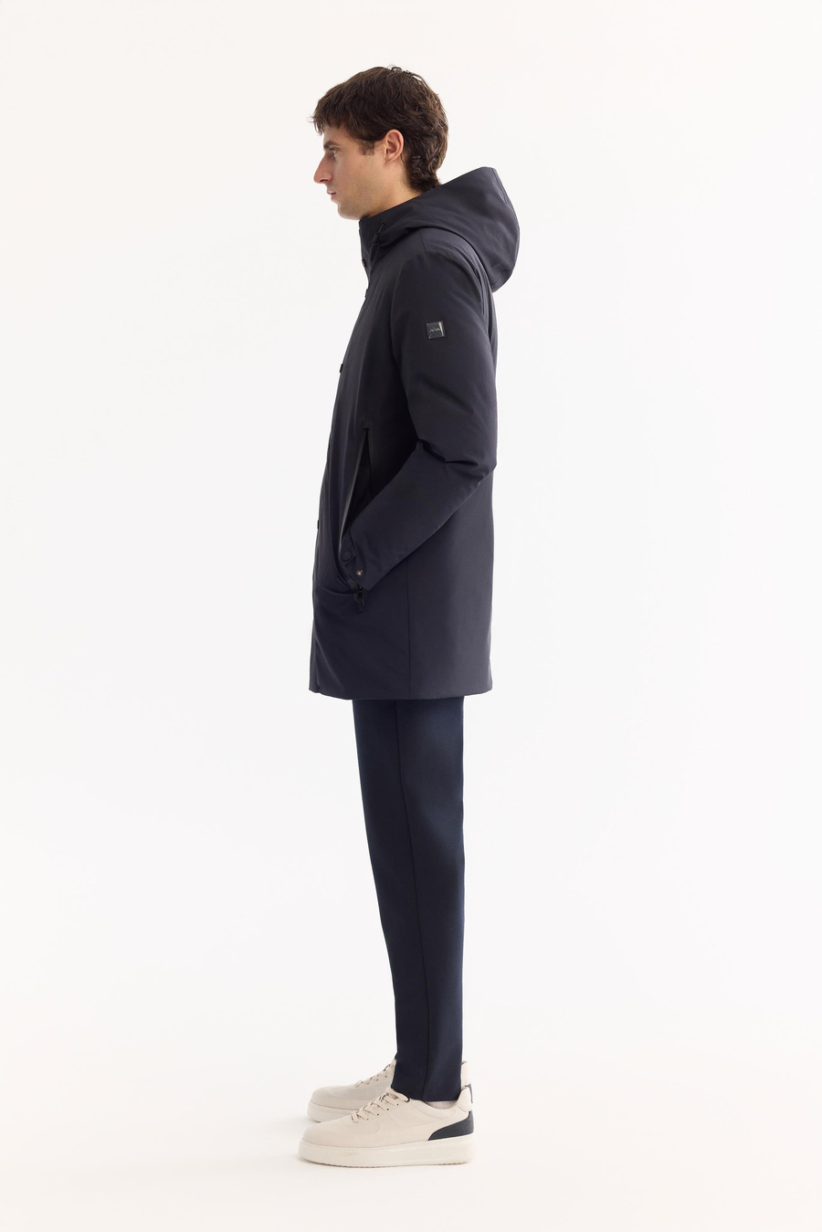 Lacivert Kapüşonlu Ördek Tüyü Karışımlı Mont