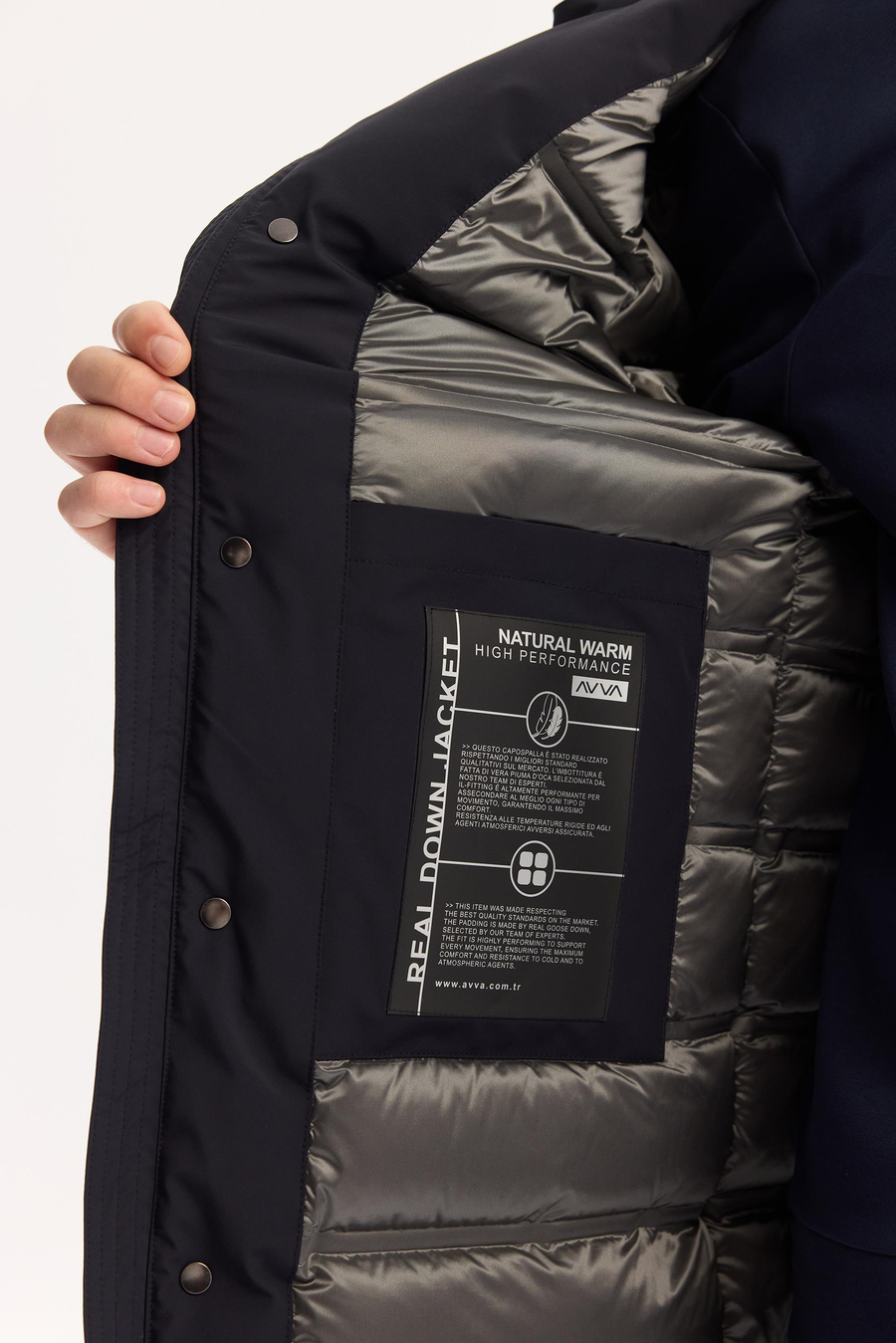 Lacivert Kapüşonlu Ördek Tüyü Karışımlı Mont