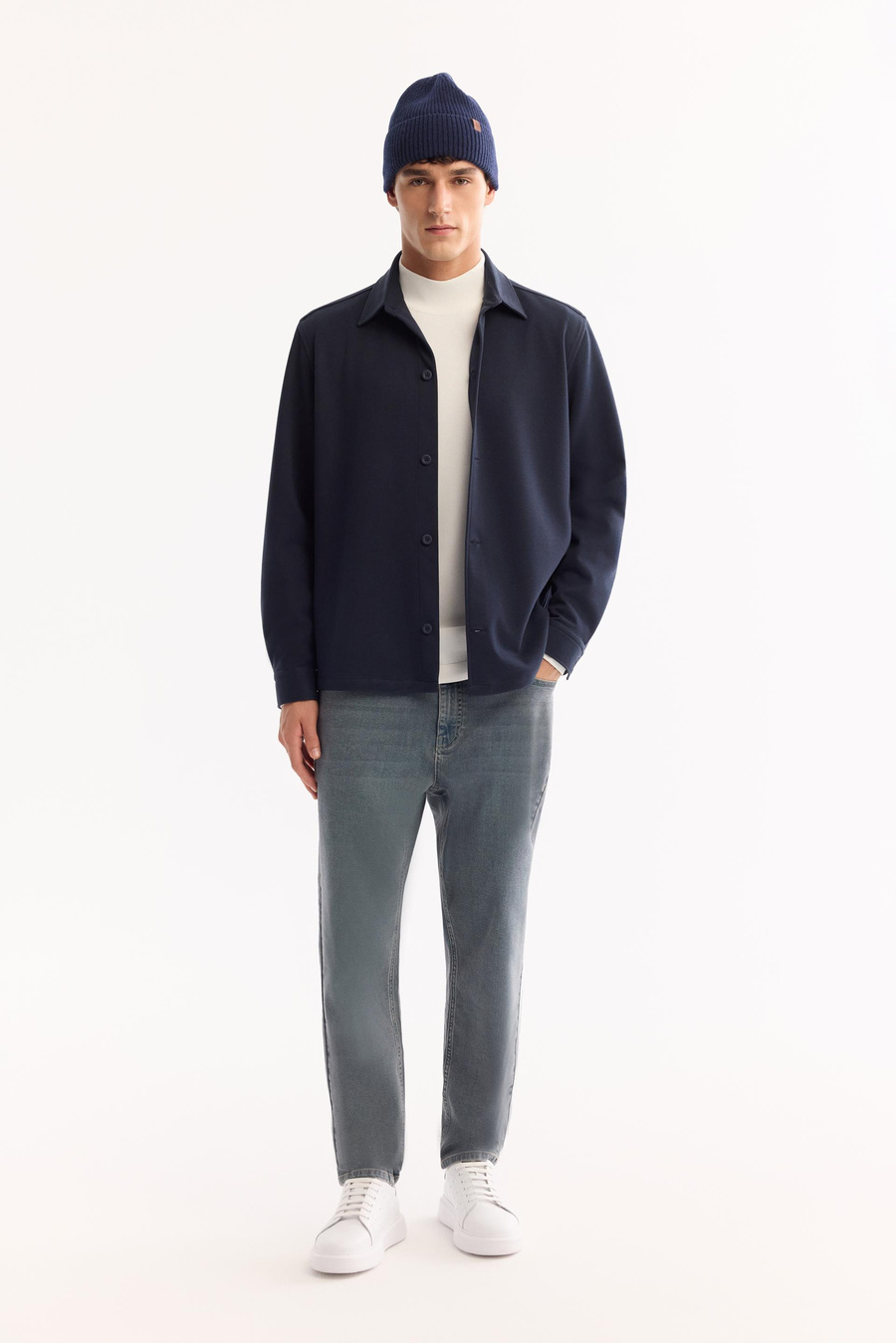 Lacivert Kaşe Görünümlü Comfort Fit Uzun Kollu Gömlek Ceket