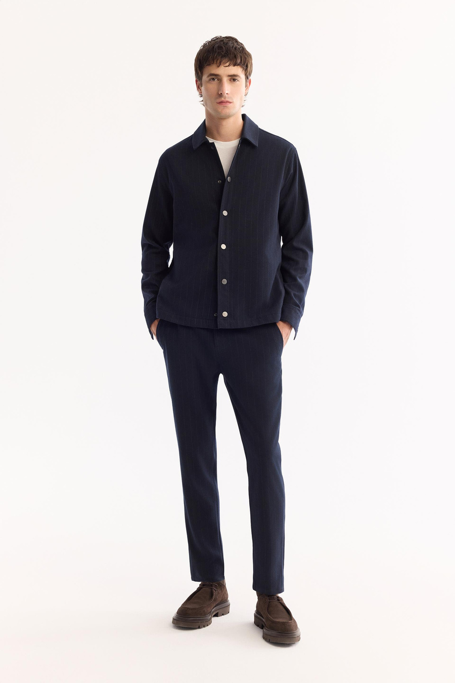 Lacivert Klasik Yaka Flanel Desen Çıtçıt Detaylı Comfort Fit Gömlek Ceket