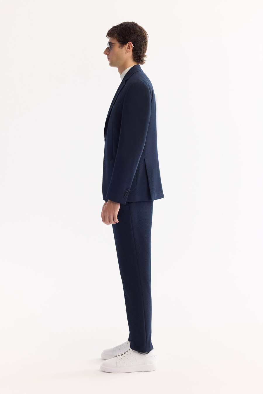 Lacivert Mono Yaka Çift Yırtmaç Astarsız Torba Cep Gofreli Kumaş Ceket