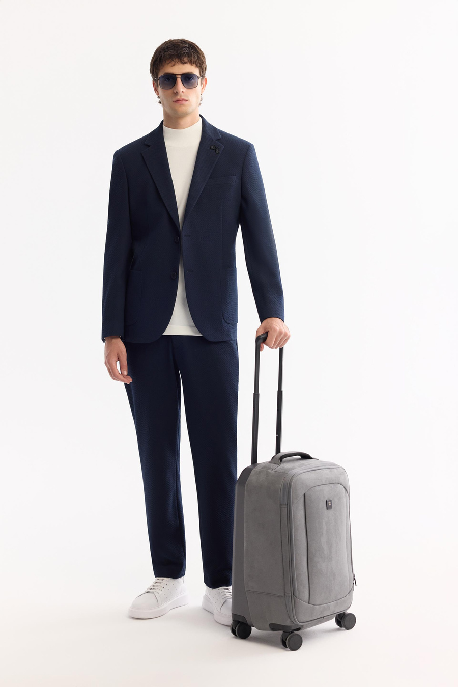 Lacivert Mono Yaka Çift Yırtmaç Astarsız Torba Cep Gofreli Kumaş Ceket