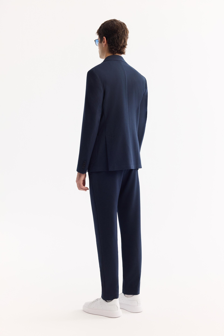 Lacivert Mono Yaka Çift Yırtmaç Astarsız Torba Cep Gofreli Kumaş Ceket