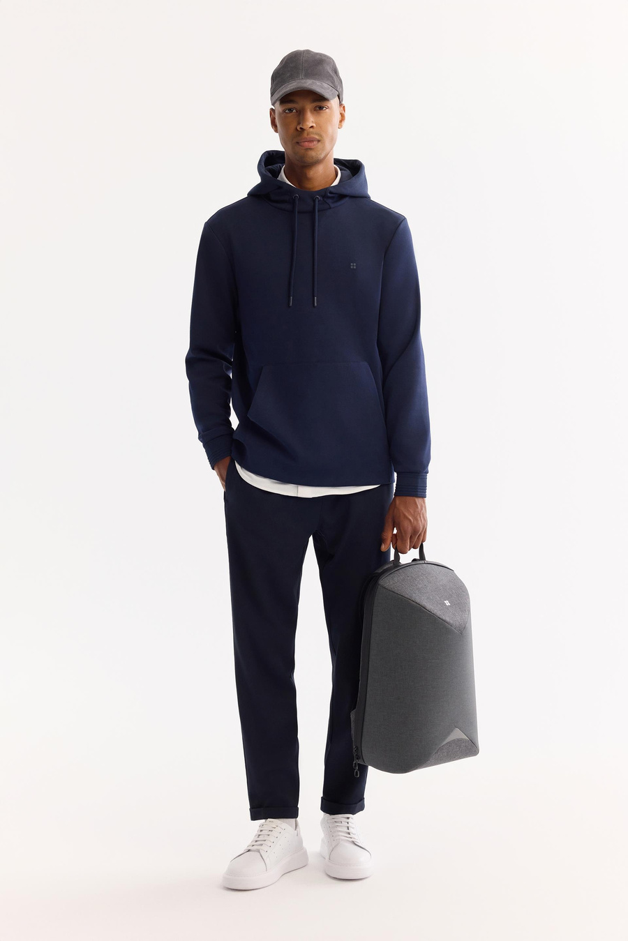 Lacivert Kapüşonlu Yaka Kanguru Cepli   İnterlok Sweatshirt