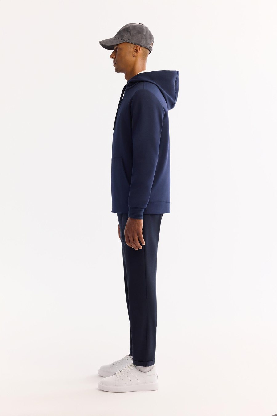 Lacivert Kapüşonlu Yaka Kanguru Cepli   İnterlok Sweatshirt