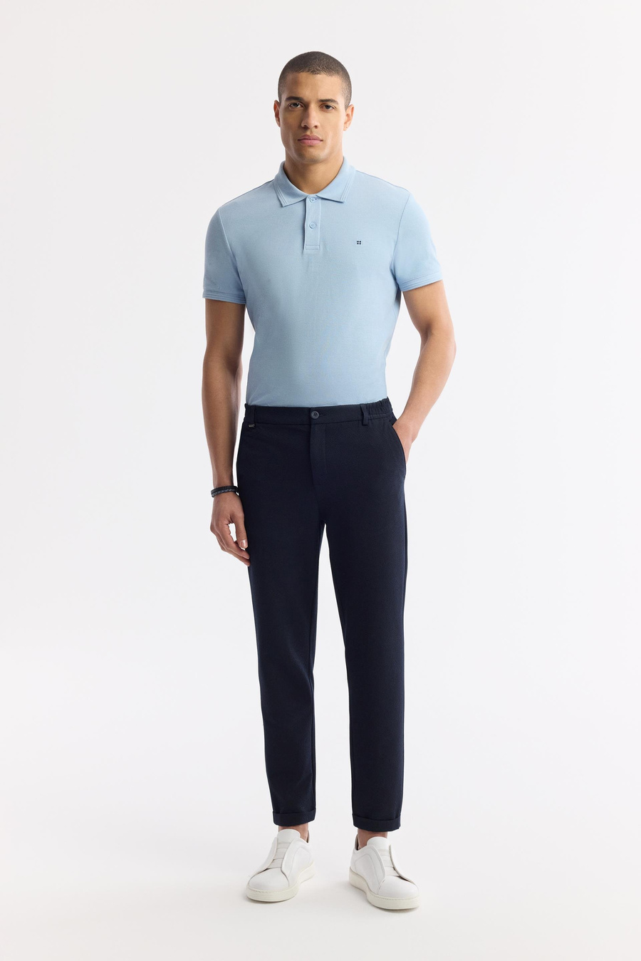 Lacivert Yan Beli Lastikli Gofreli Chino Pantolon