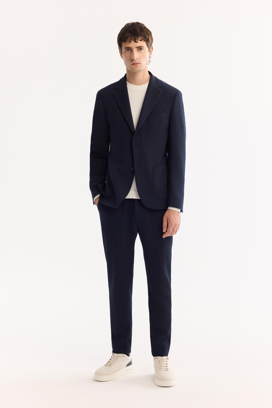 Navy Side Elastic Bi-Stretch Light Striped Pants