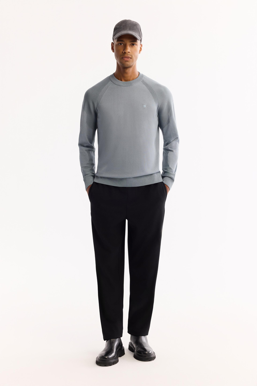 Mavi Bisiklet Yaka Kolları Fitil Örgü Detaylı Kazak