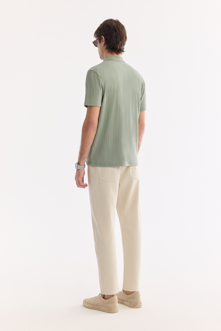 Mint Yeşil Fermuarlı Polo Yaka Jakarlı T-Shirt