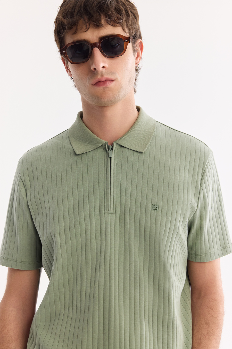 Mint Yeşil Fermuarlı Polo Yaka Jakarlı T-Shirt