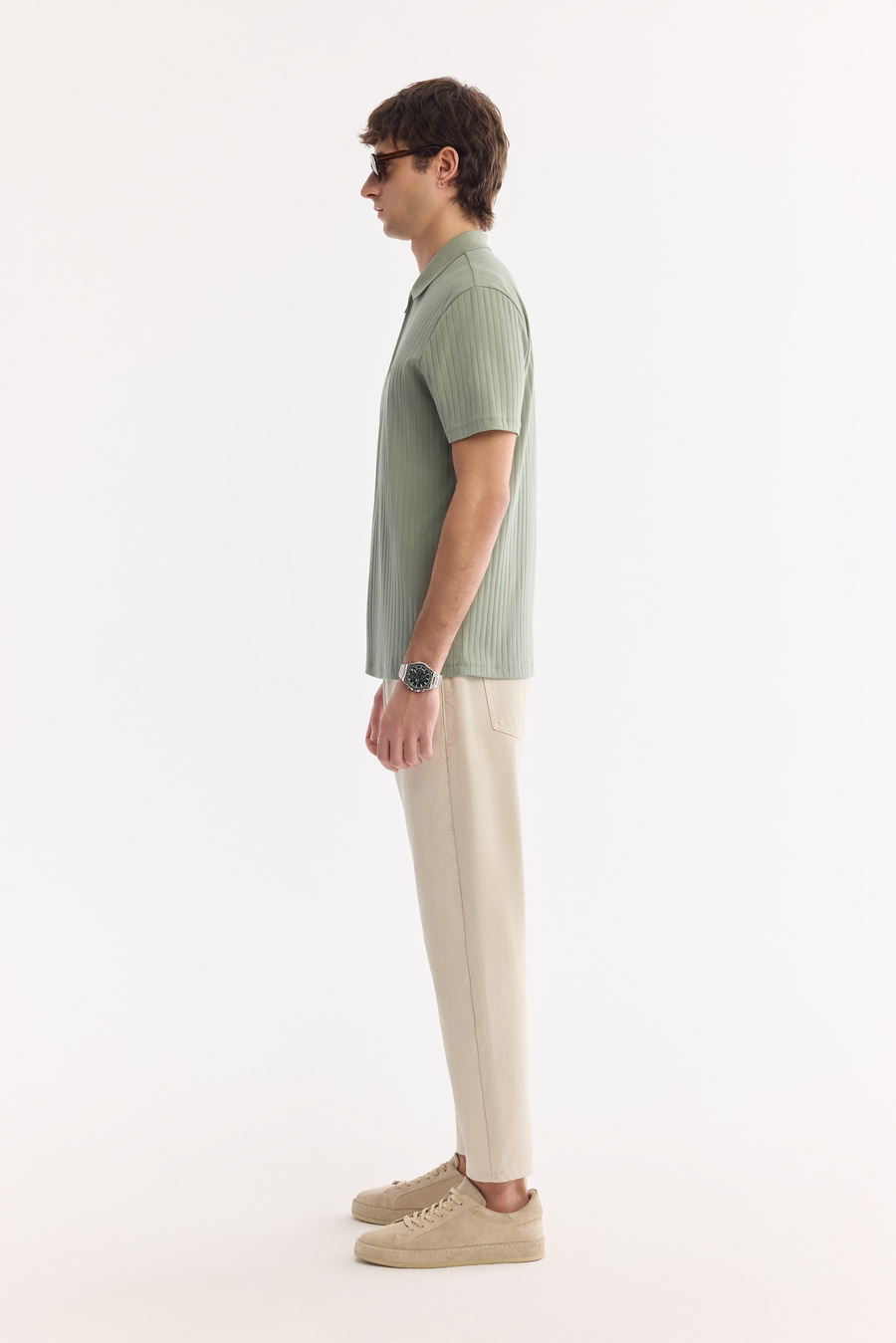 Mint Yeşil Fermuarlı Polo Yaka Jakarlı T-Shirt