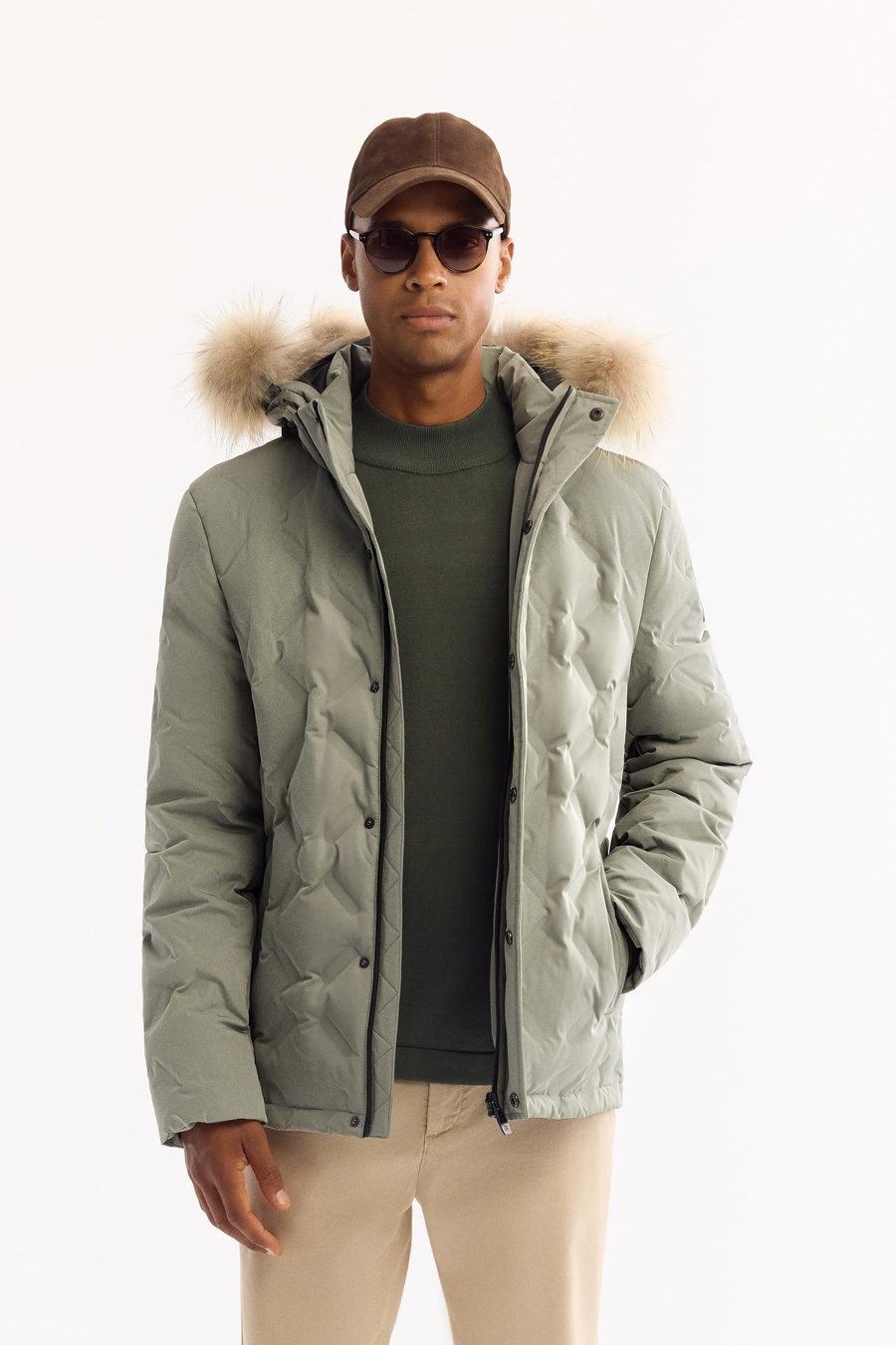 Nil Yeşili 100% Rakun Kürklü Kapüşonlu Kaz Tüyü Mont